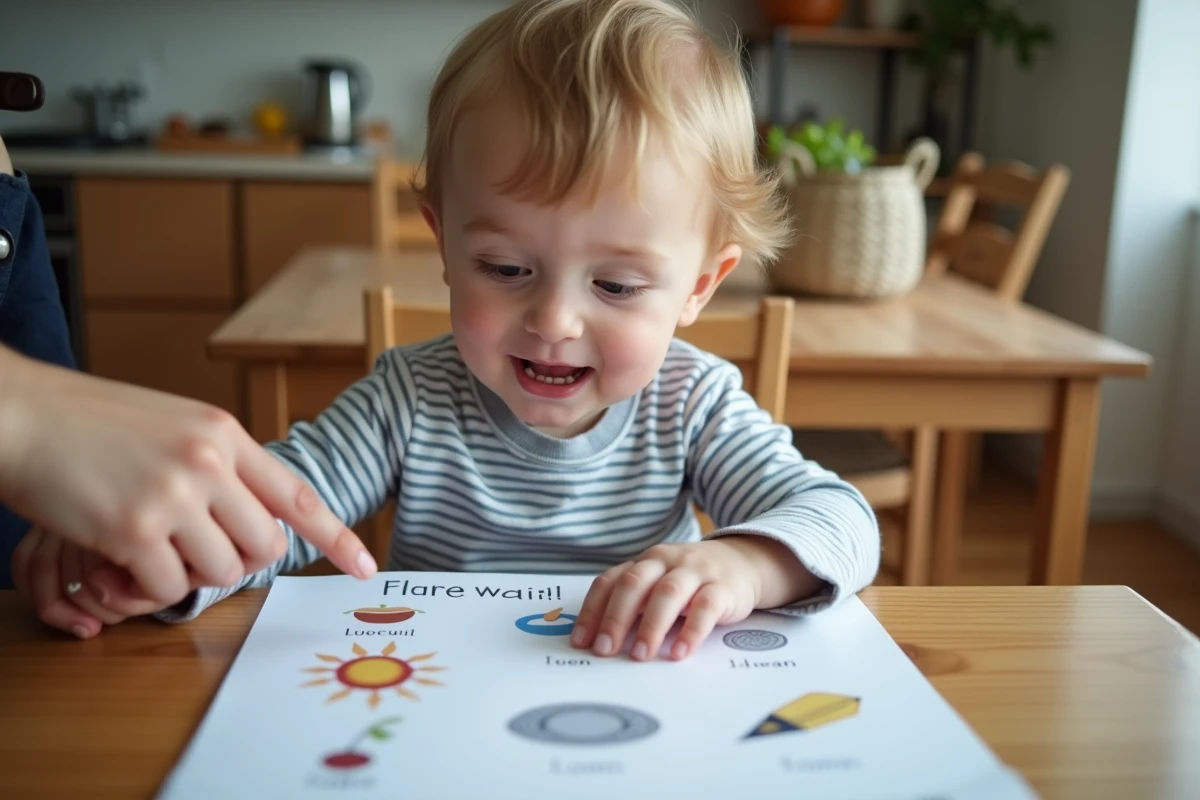 Enfant de maternelle faisant une activité de langage imprimable à la maison avec un adulte
