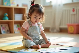 Petite fille de 2-3 ans en maternelle pointant des fiches imagées pour apprendre le vocabulaire