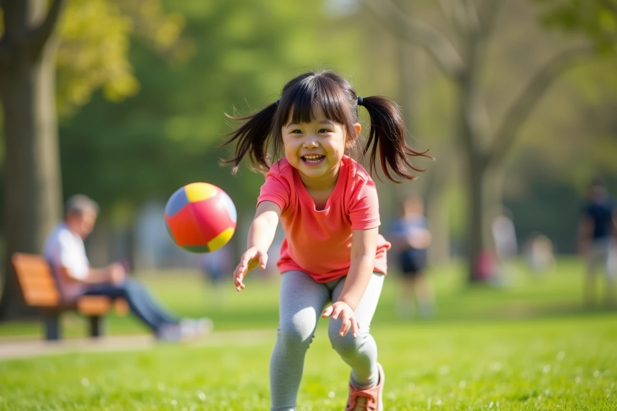 Fillette de 4 ans jouant au ballon dans un parc verdoyant lors d'une activité physique en plein air