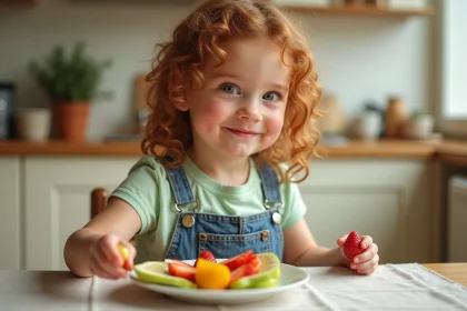 Petite fille de 4 ans assise à une table en bois mangeant des fruits frais dans une cuisine familiale chaleureuse
