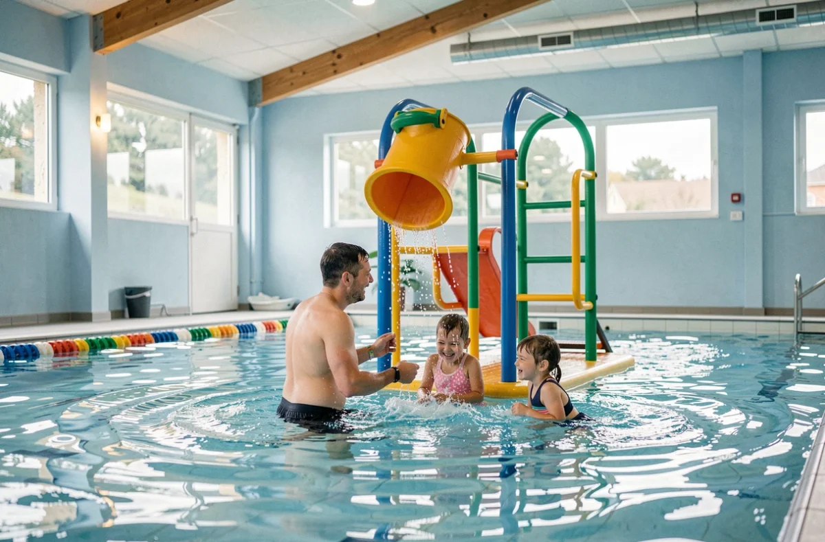 Espace aquatique Ange Michel à Saint-Hilaire-du-Harcouët avec bassin ludique, structure de jeux et toboggan intérieur