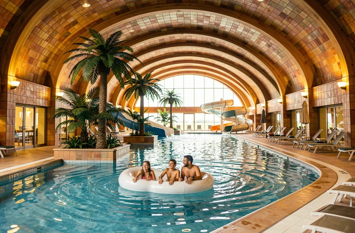 Centre aqualudique Aqua Diva de Cabourg avec bassin tropical, rivière à courant et toboggans pour familles