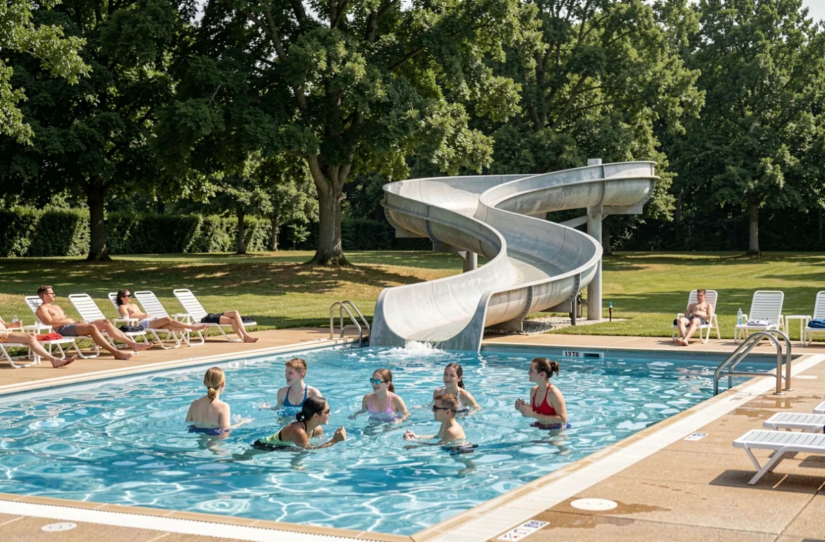 Piscine extérieure et toboggan du parc aquatique Aquabella en Normandie avec espace détente et pelouse