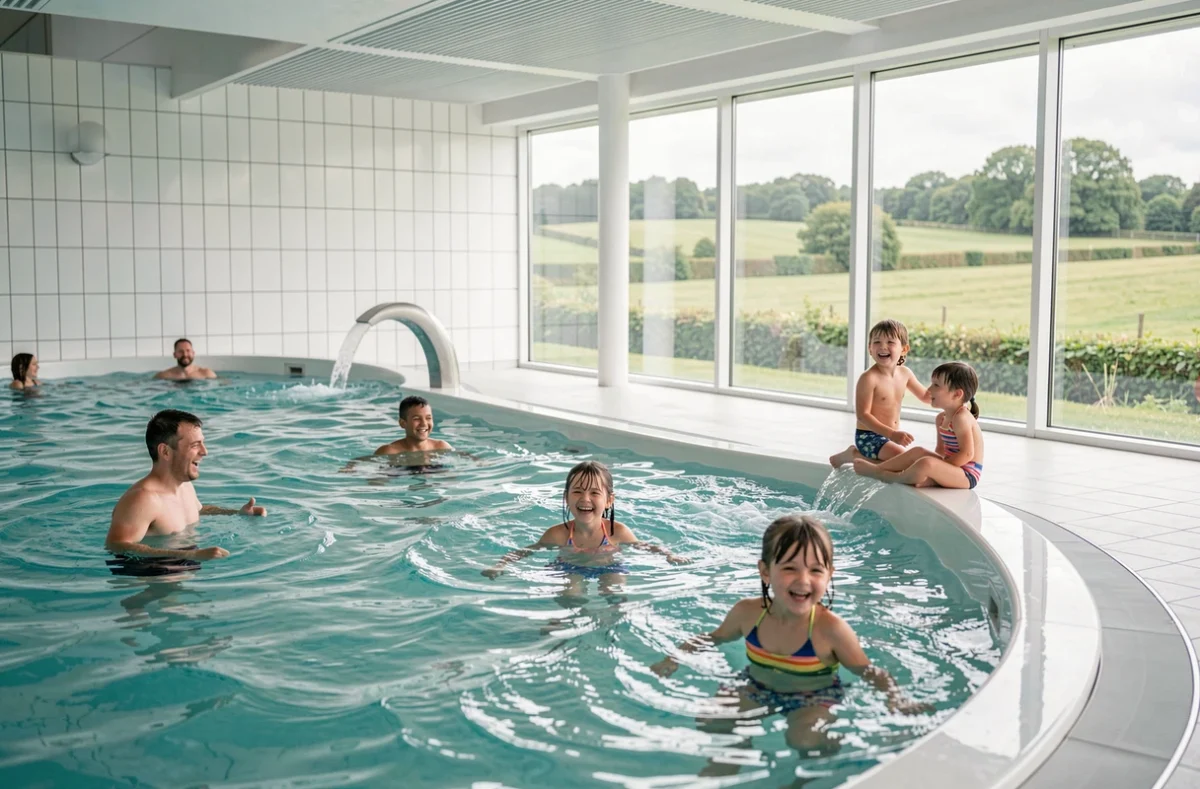 Piscine intérieure d'Aquanacre, le parc aquatique du Calvados à Douvres-la-Délivrande, avec bassins et toboggans