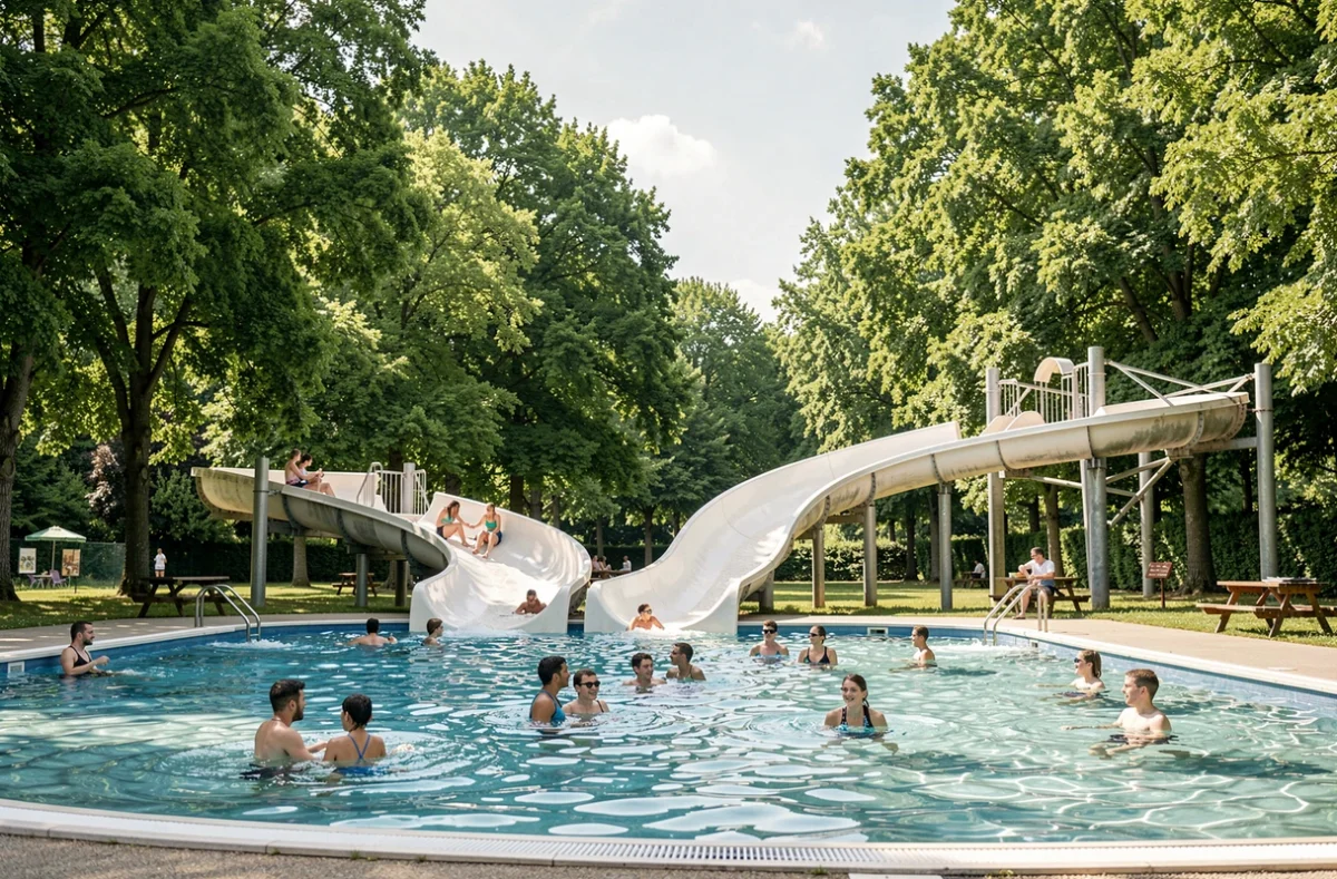 Piscine extérieure et toboggan de l'Aquaparc de La Ferté-Macé entourés d'arbres dans l'Orne, Normandie