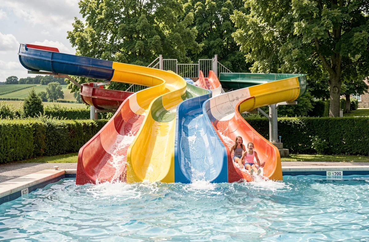 Toboggans colorés et bassins extérieurs de l'Aquaparc de Pont-l'Évêque entourés de verdure normande