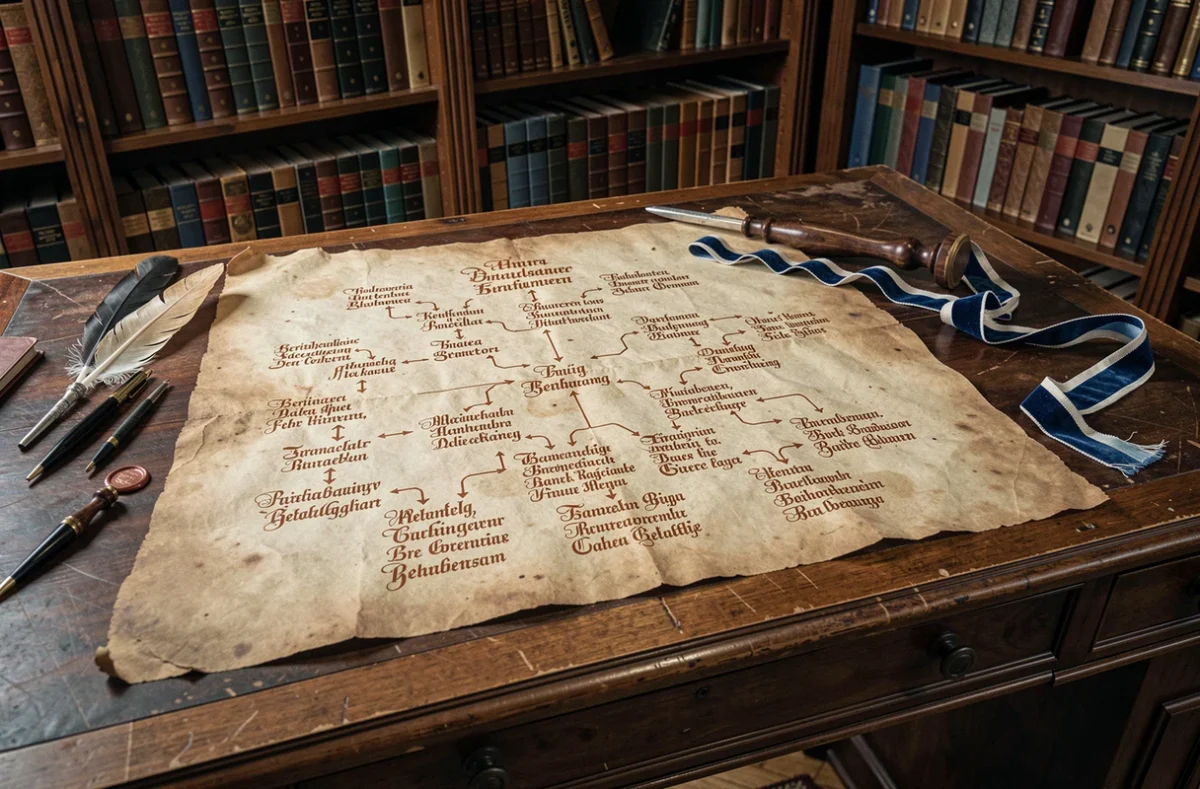 Arbre généalogique manuscrit ancien de la famille Wittelsbach posé sur un bureau en acajou dans une bibliothèque historique
