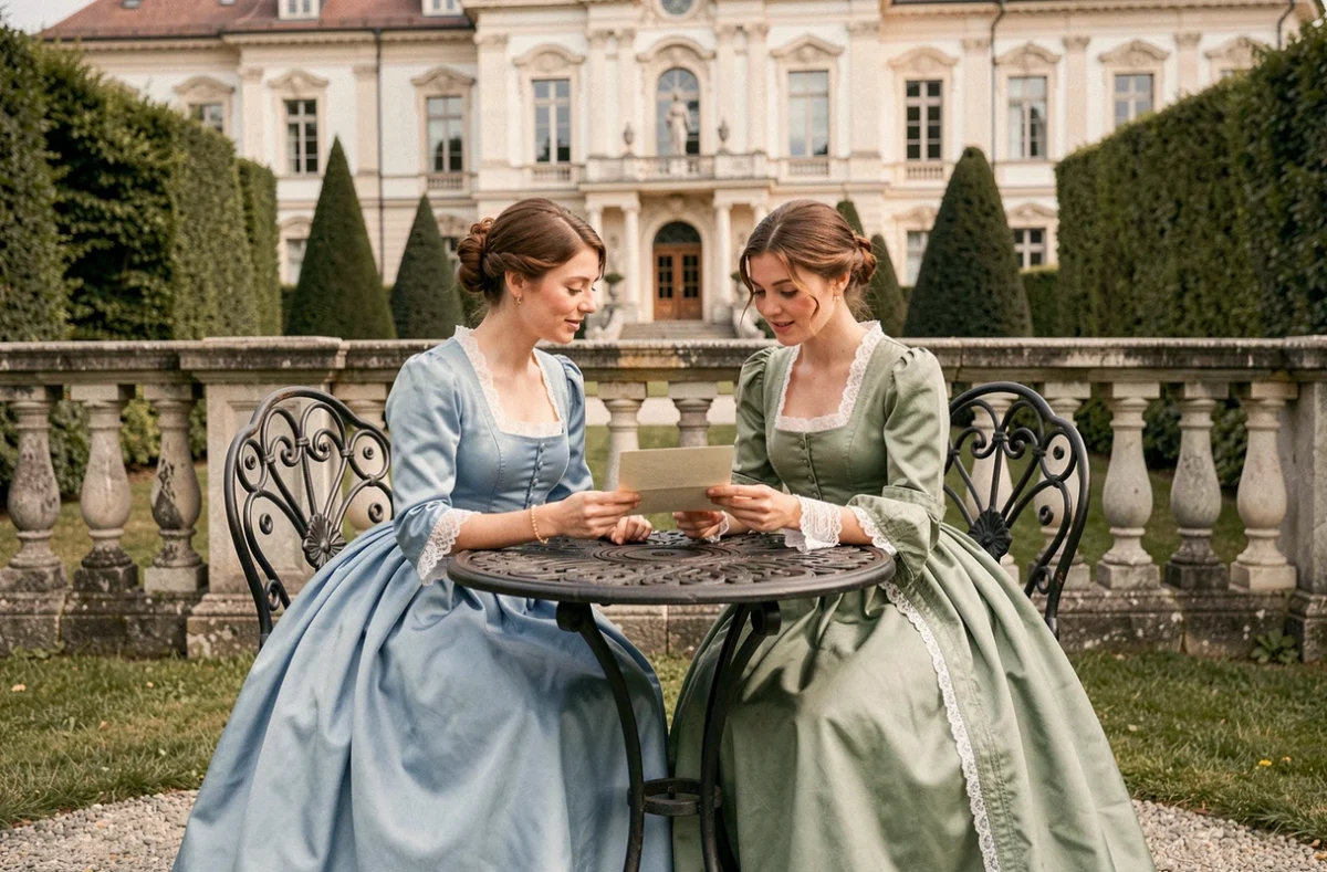 Deux aristocrates bavaroises en robes historiques du XIXe siècle examinant une lettre dans les jardins d'un palais néoclassique
