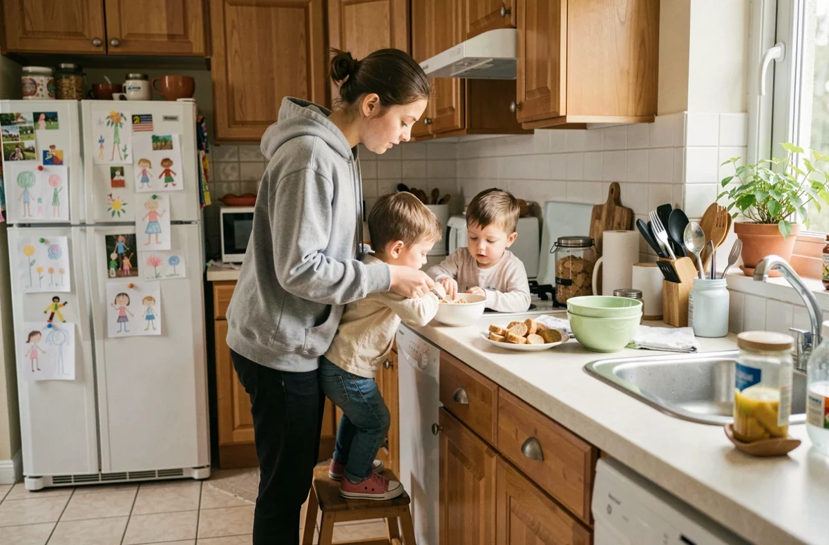 Jeune baby-sitter adolescente aidant deux enfants à préparer un goûter dans une cuisine familiale, tarification garde de deux enfants