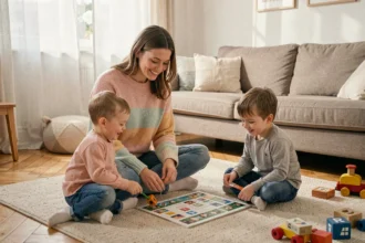 Baby-sitter jouant à un jeu de société avec deux enfants dans un salon moderne, illustrant le tarif baby-sitting pour 2 enfants