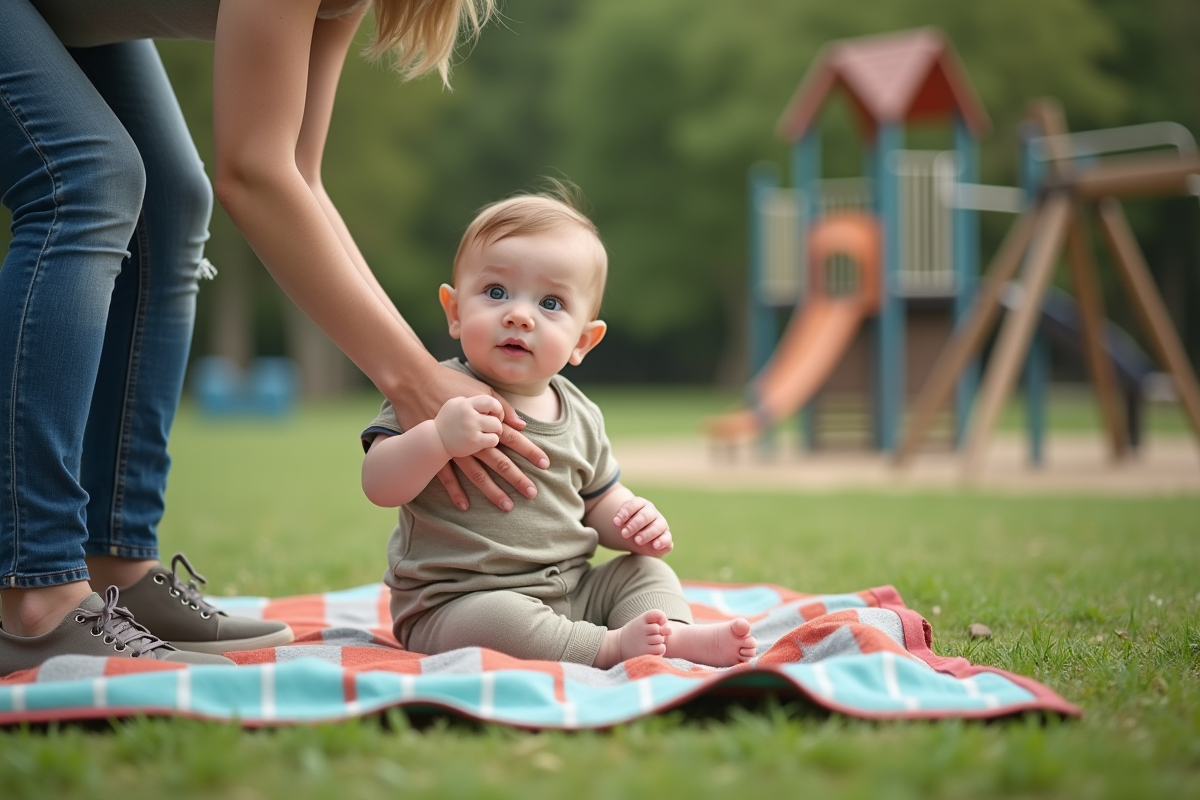 Bébé garçon de 10 mois soutenu par sa mère dans un parc