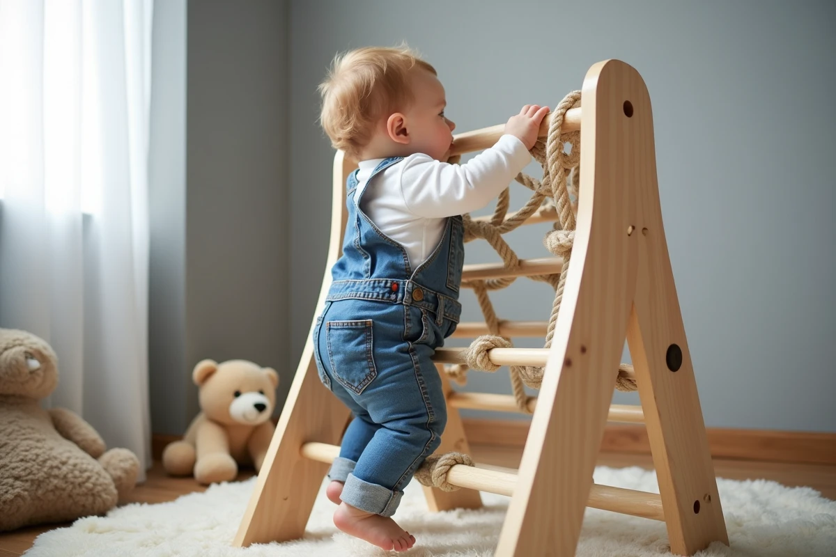 Bébé de 1 an grimpant en toute sécurité sur une structure d'escalade en bois dans un coin jeux intérieur