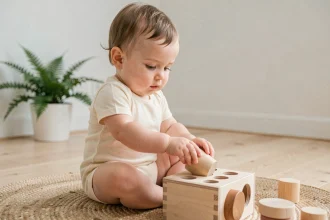 Bébé de 12 mois explorant un jouet Montessori en bois sur un tapis en laine naturelle dans un salon minimaliste