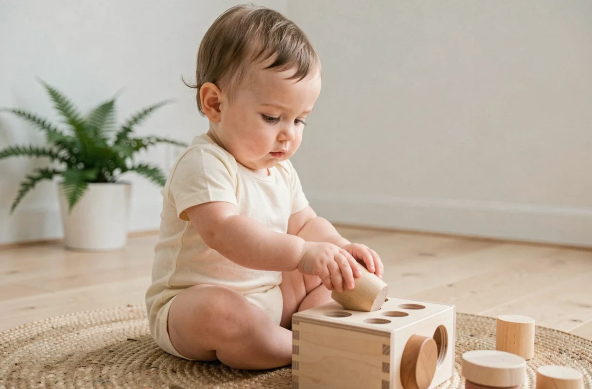 Bébé de 12 mois explorant un jouet Montessori en bois sur un tapis en laine naturelle dans un salon minimaliste