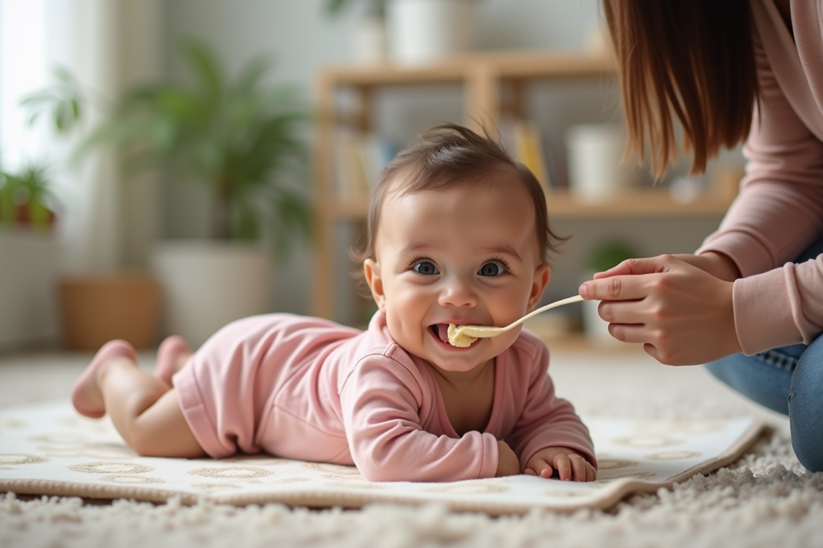 Bebe fille de quatre mois nourrie par une caregiver dans le salon