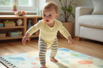 Bébé de 1 an faisant ses premiers pas sur un tapis de jeu en mousse coloré dans un salon familial