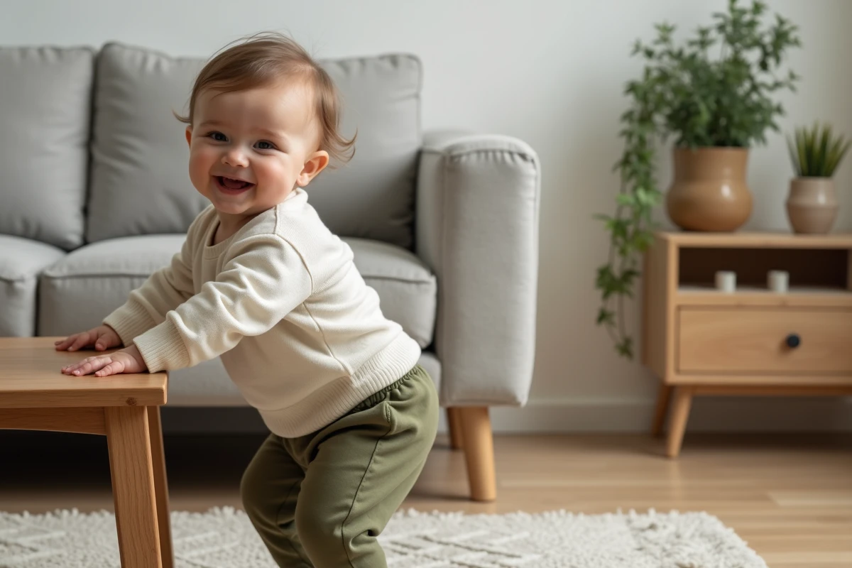 Bébé de 1 an se hissant debout en s'appuyant sur une table basse en bois dans un salon cosy
