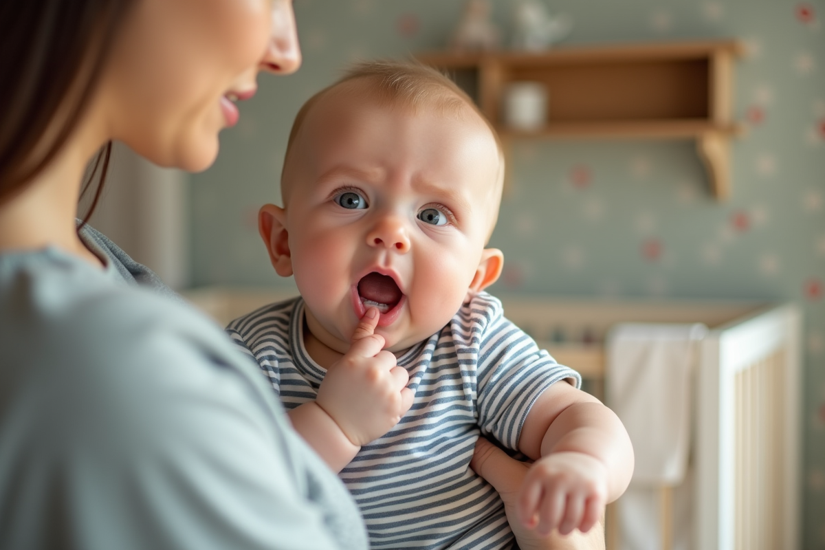 Bebe garçon de huit mois dans les bras de sa mère dans une nurserie lumineuse