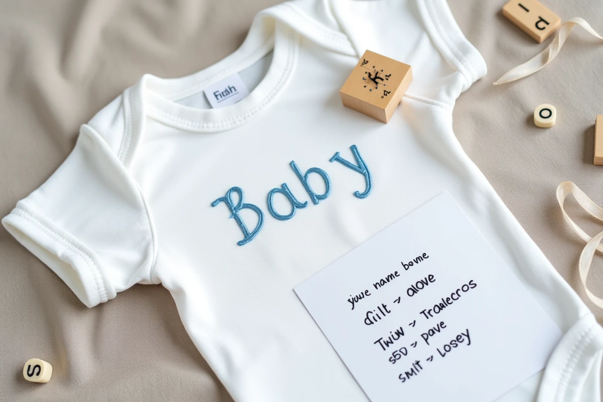 Gros plan d'un body bébé personnalisé avec prénom brodé et notes de correction d'orthographe pour une commande de cadeau de naissance