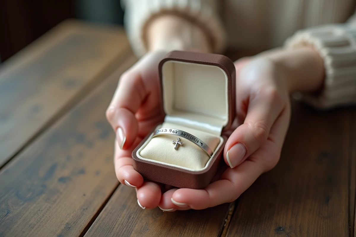 Mains de femme tenant un écrin en velours avec bracelet de baptême en argent gravé d'une date et d'une croix