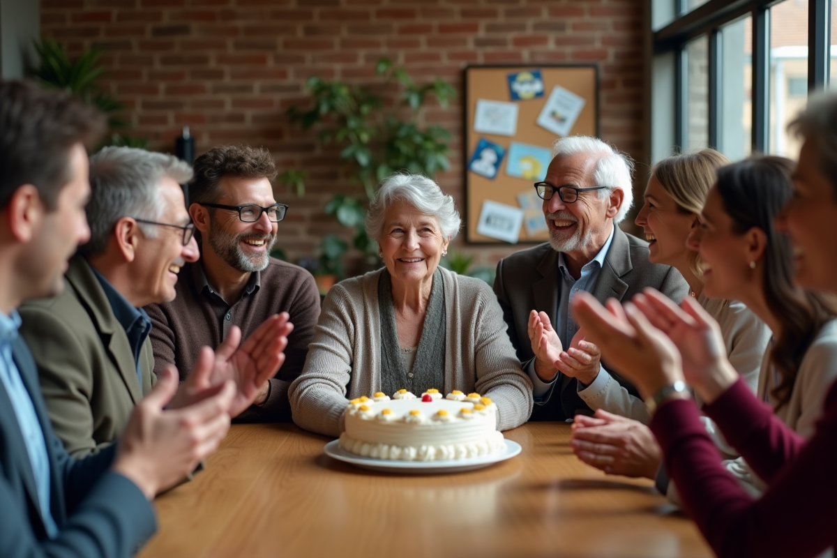 Groupe de collègues offrant un gâteau d