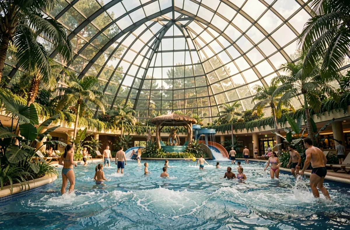 Dôme tropical de l'Aqua Mundo au Center Parcs Les Bois-Francs à Verneuil d'Avre et d'Iton avec bassins et végétation luxuriante