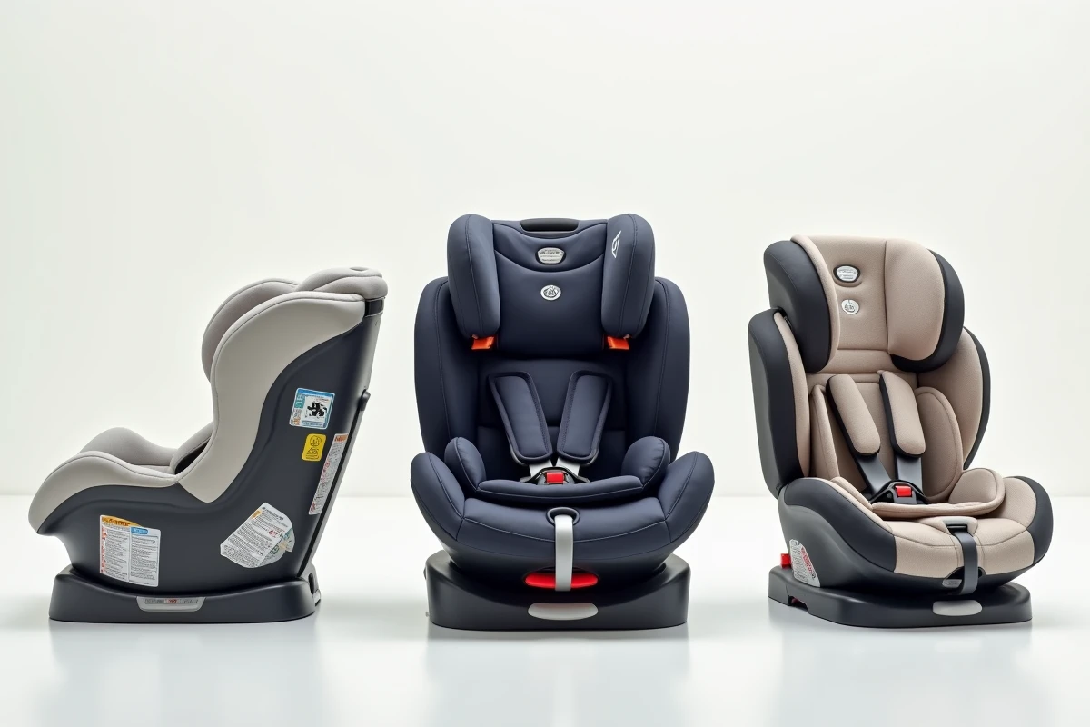 Comparatif de trois sièges auto côte à côte : coque bébé, siège évolutif et rehausseur, vue éditoriale sur fond blanc