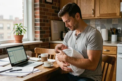 Autoentrepreneur tenant son nouveau-né dans les bras entouré de documents administratifs sur une table en bois, illustrant le congé paternité pour travailleur indépendant