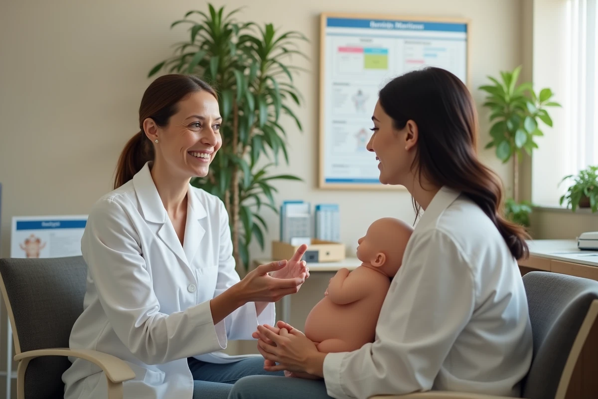 Consultante en lactation expliquant les positions d'allaitement à une jeune mère lors d'une consultation, pour accompagner les pics de croissance et soutenir la montée de lait