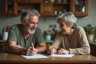 Un couple discutant à la cuisine avec notes manuscrites