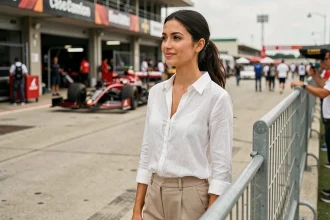 Petite amie d'un pilote de F1 dans le paddock d'un circuit automobile, expression calme et confiante