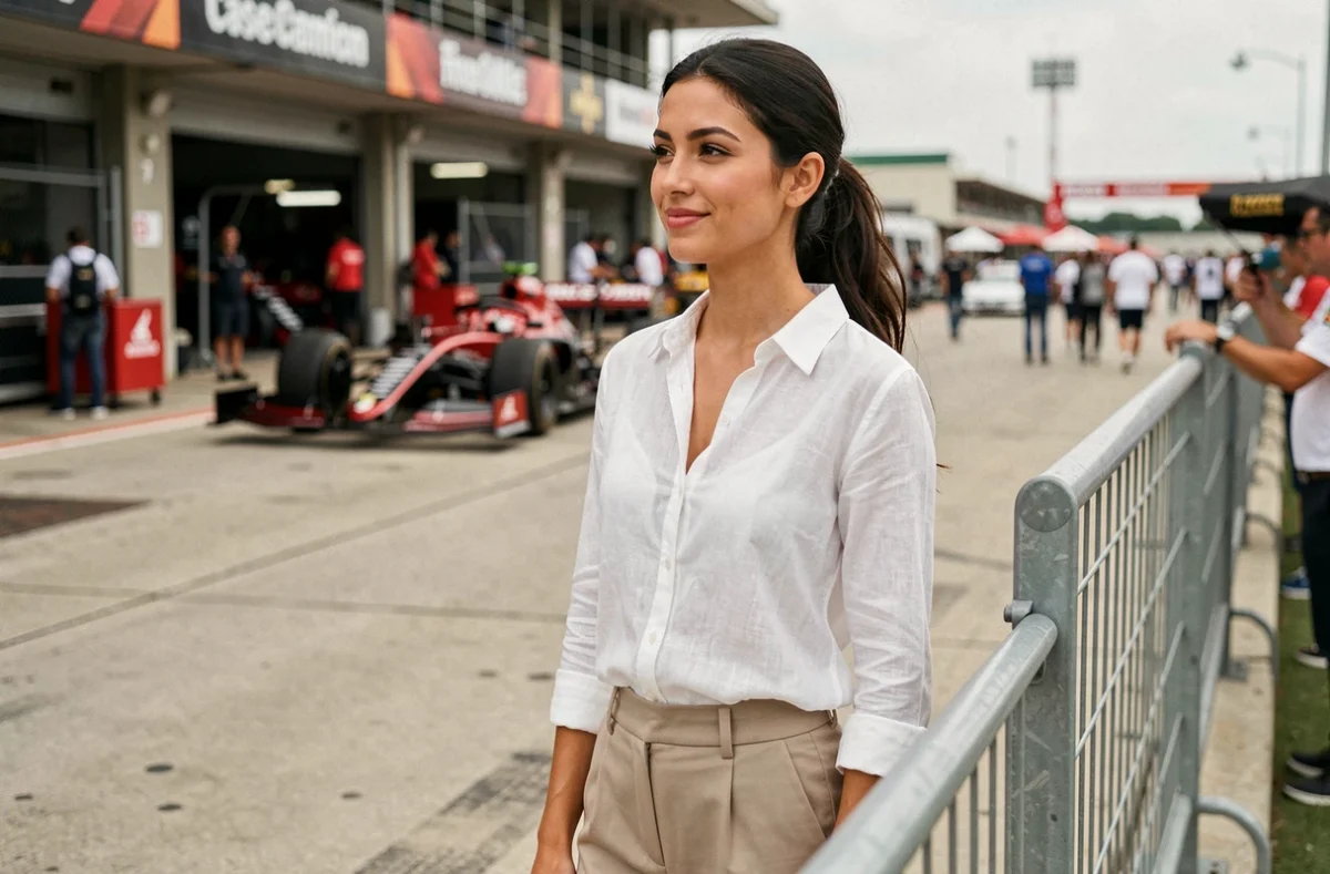 Petite amie d'un pilote de F1 dans le paddock d'un circuit automobile, expression calme et confiante