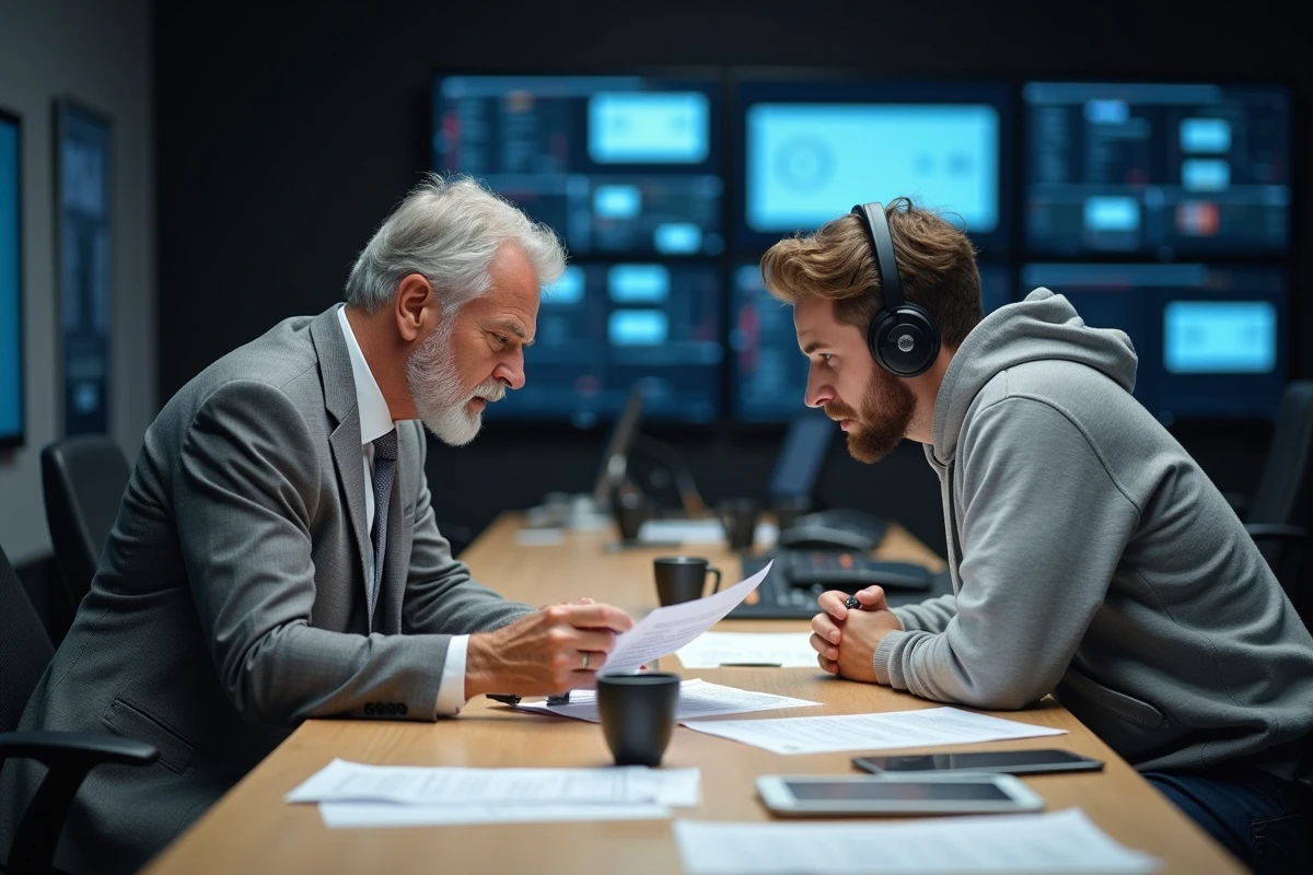 Présentateur télévision et jeune assistant en coulisses d'un studio de production, symbolisant la transmission du métier entre générations