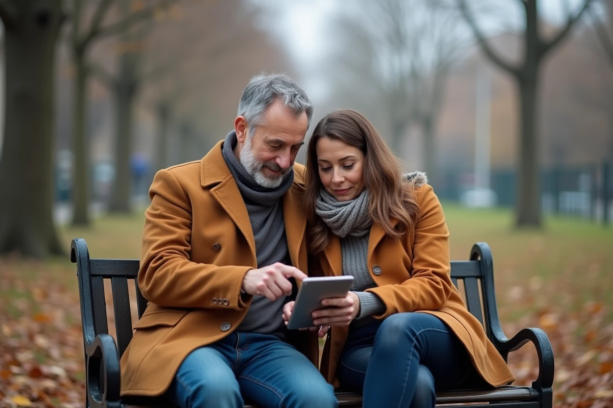 Couple assis sur un banc de parc consultant ensemble un outil de compatibilité amoureuse sur une tablette en automne