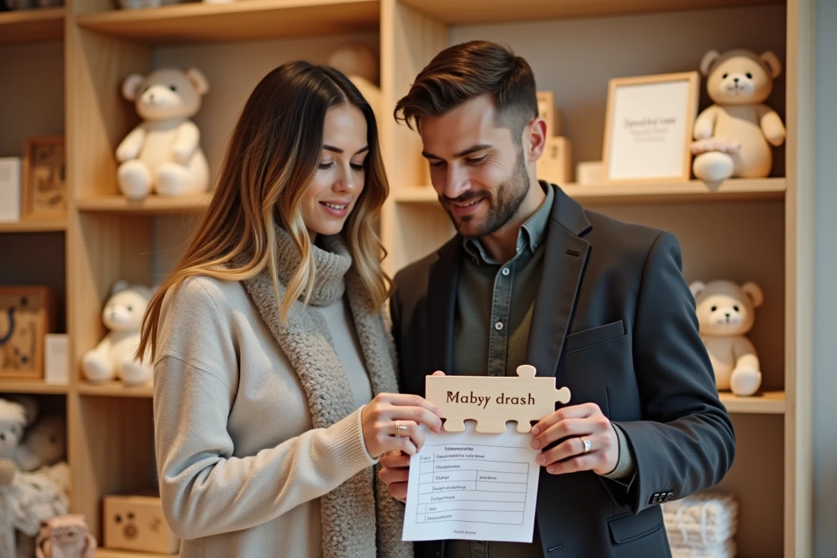 Couple inspectant un puzzle prénom en bois personnalisé dans une boutique de cadeaux de naissance pour vérifier les erreurs avant réception