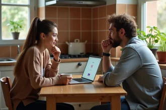 Couple en crise regardant ensemble un site de compatibilité amoureuse sur un ordinateur portable dans leur cuisine