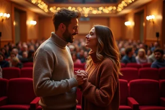 Couple souriant en concert d'hiver chaleureux