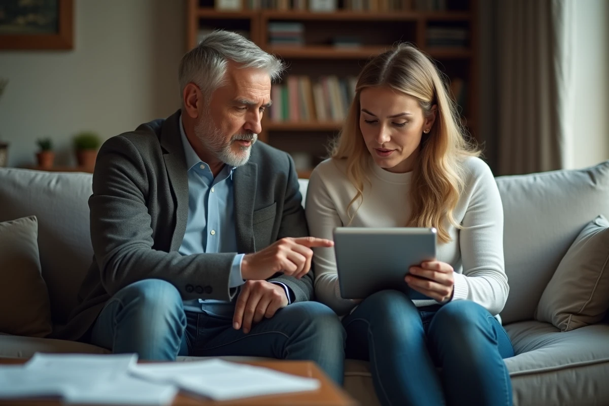 Couple consultant le simulateur d'aide CAF 2026 sur une tablette dans leur salon pour pr&eacute;parer leur demande