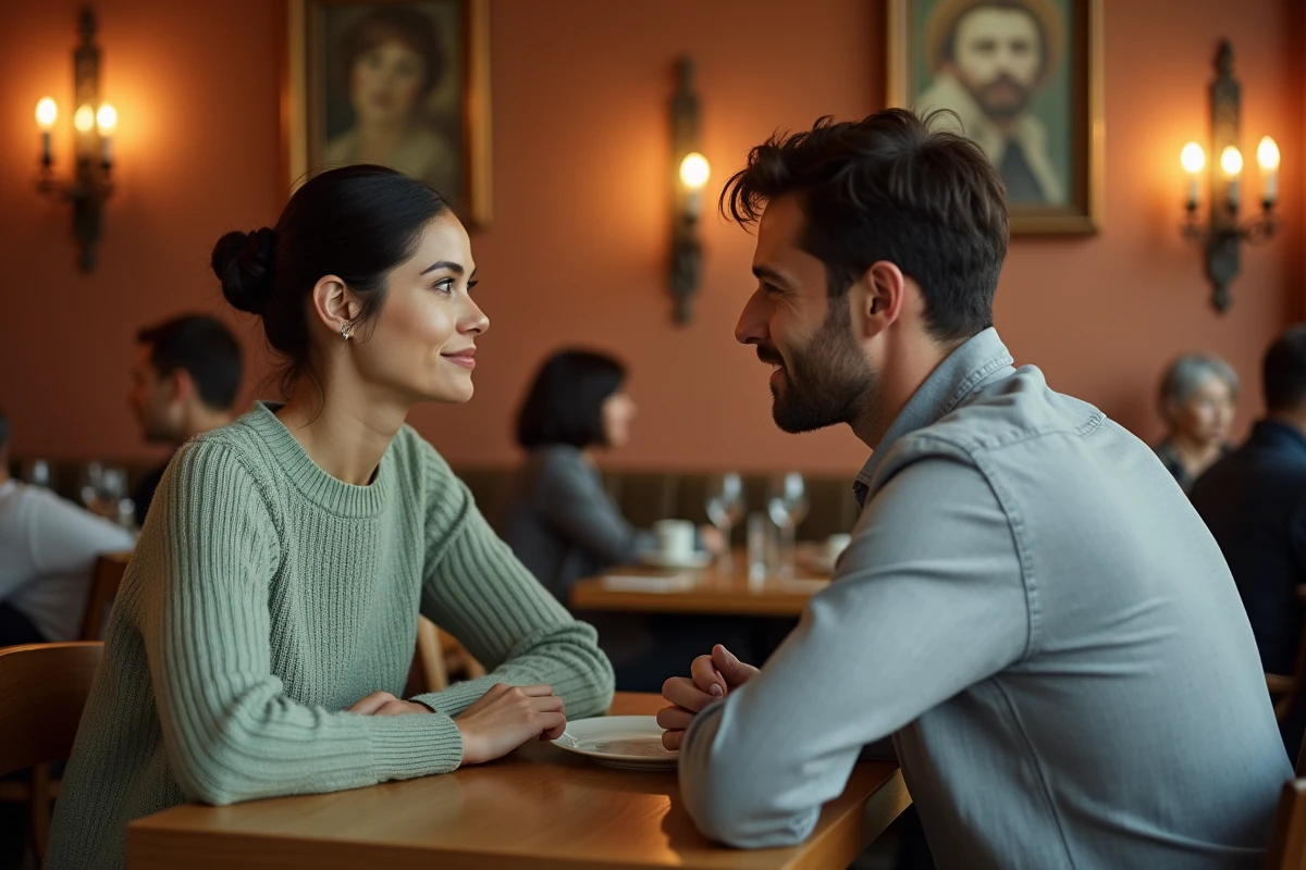 Couple attablé dans un bistrot parisien chaleureux, échangeant un regard complice lors d'un dîner intime