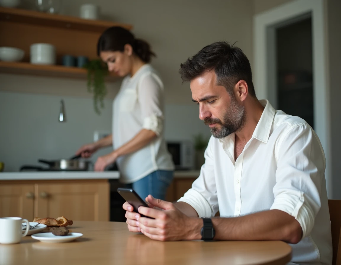 Couple en crise dans une cuisine, homme dissimulant des messages sur son téléphone pendant que sa partenaire est en arrière-plan