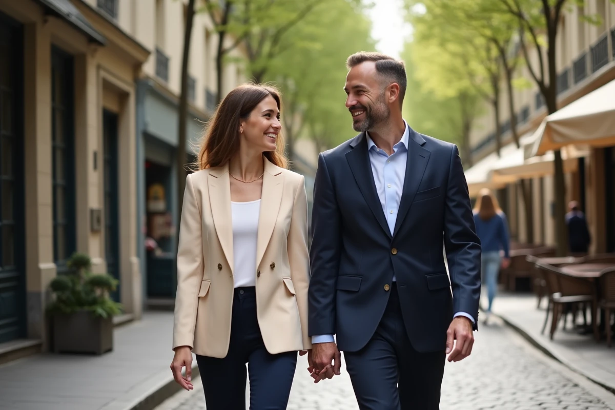 Couple élégant marchant dans une rue pavée parisienne, style éditorial journalistique