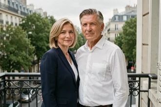 Couple élégant d'une cinquantaine d'années sur un balcon parisien, illustrant la vie privée d'une personnalité publique et de son épouse