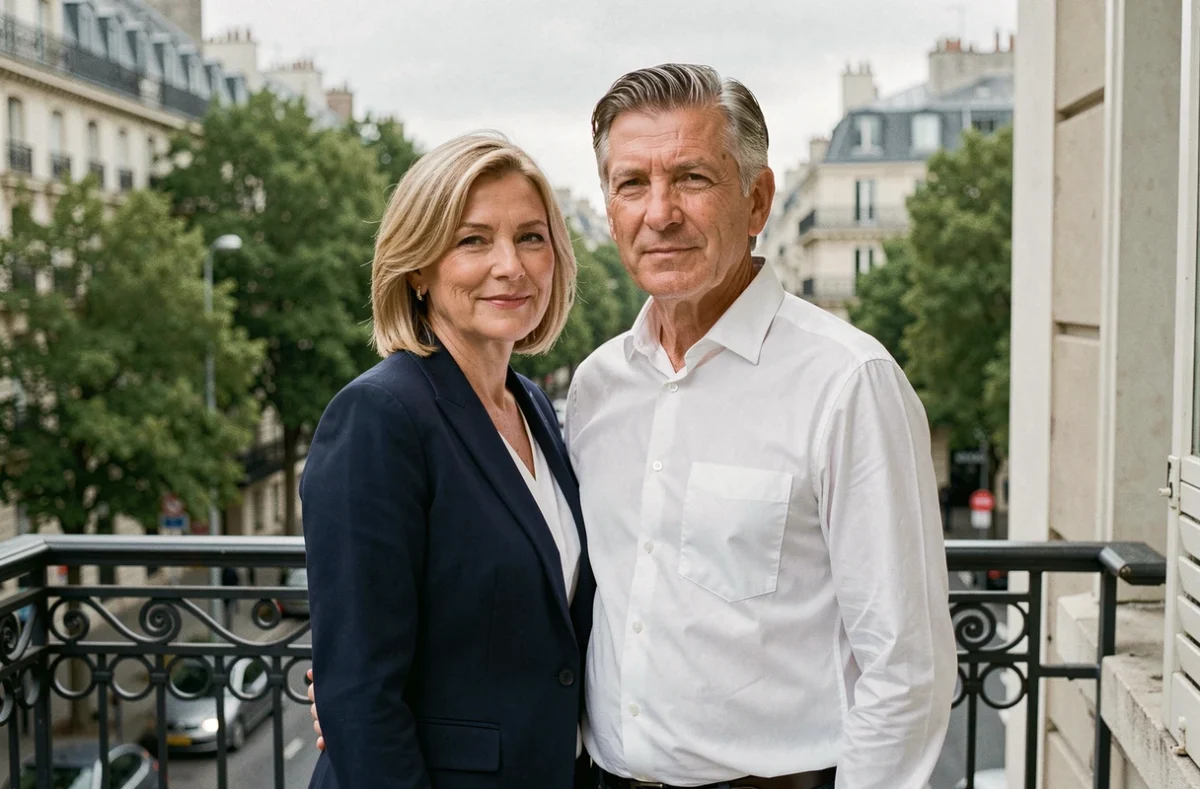 Couple élégant d'une cinquantaine d'années sur un balcon parisien, illustrant la vie privée d'une personnalité publique et de son épouse