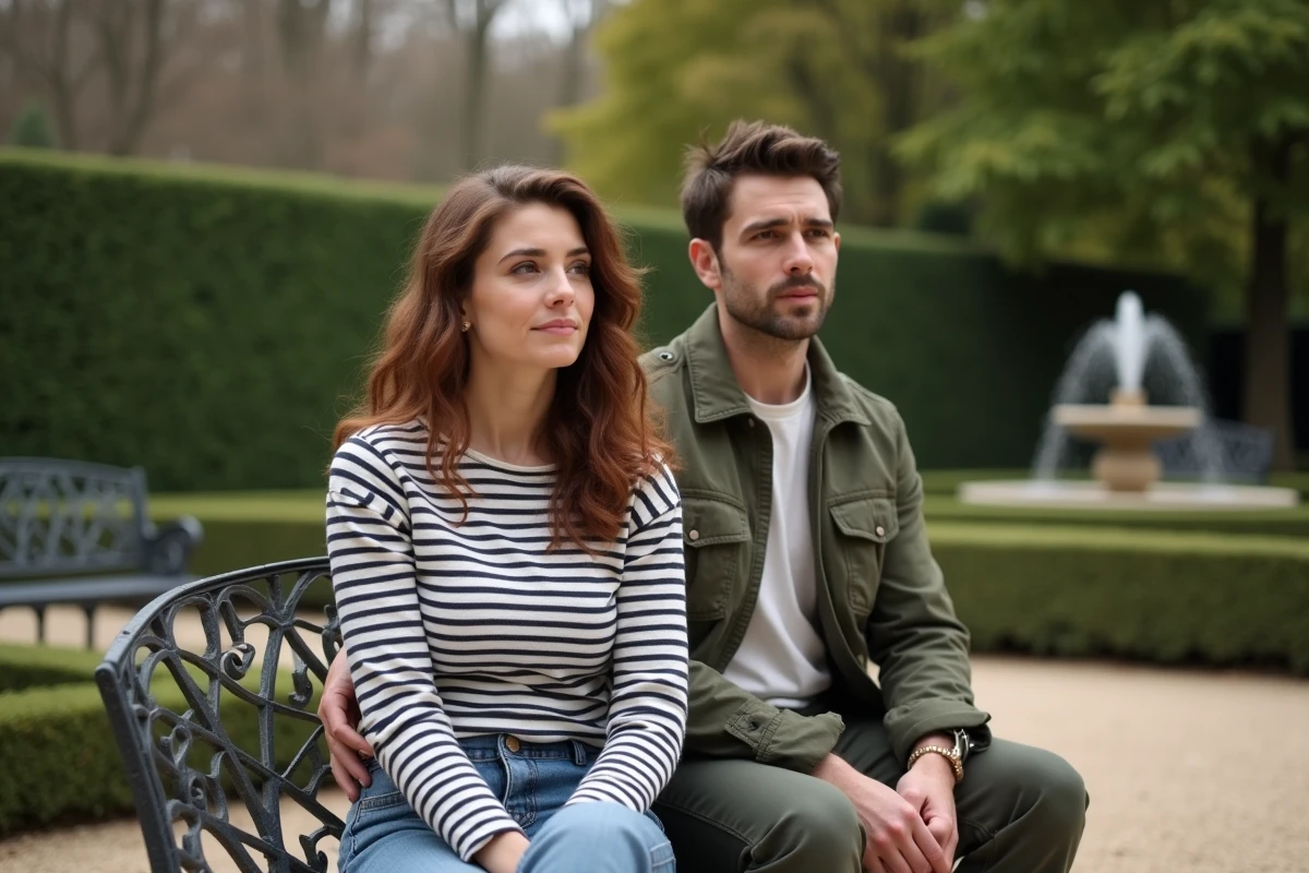Couple assis sur un banc de pierre dans un jardin français classique, dans une pose sereine et naturelle