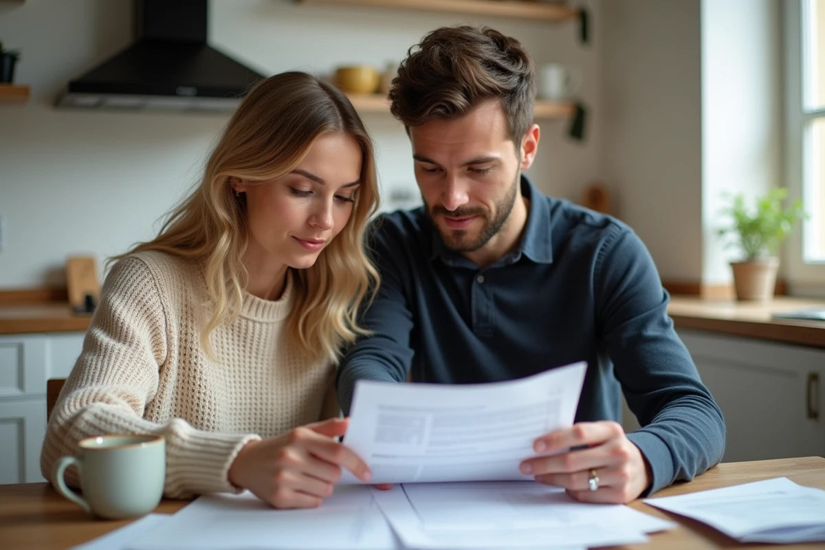 Couple marié examinant ensemble des documents financiers à la table de cuisine, illustrant la gestion des charges du mariage selon les articles 220 et 214 du Code civil
