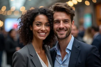 Couple médiatique posant ensemble lors d'un événement public, femme en blazer et homme en chemise décontractée