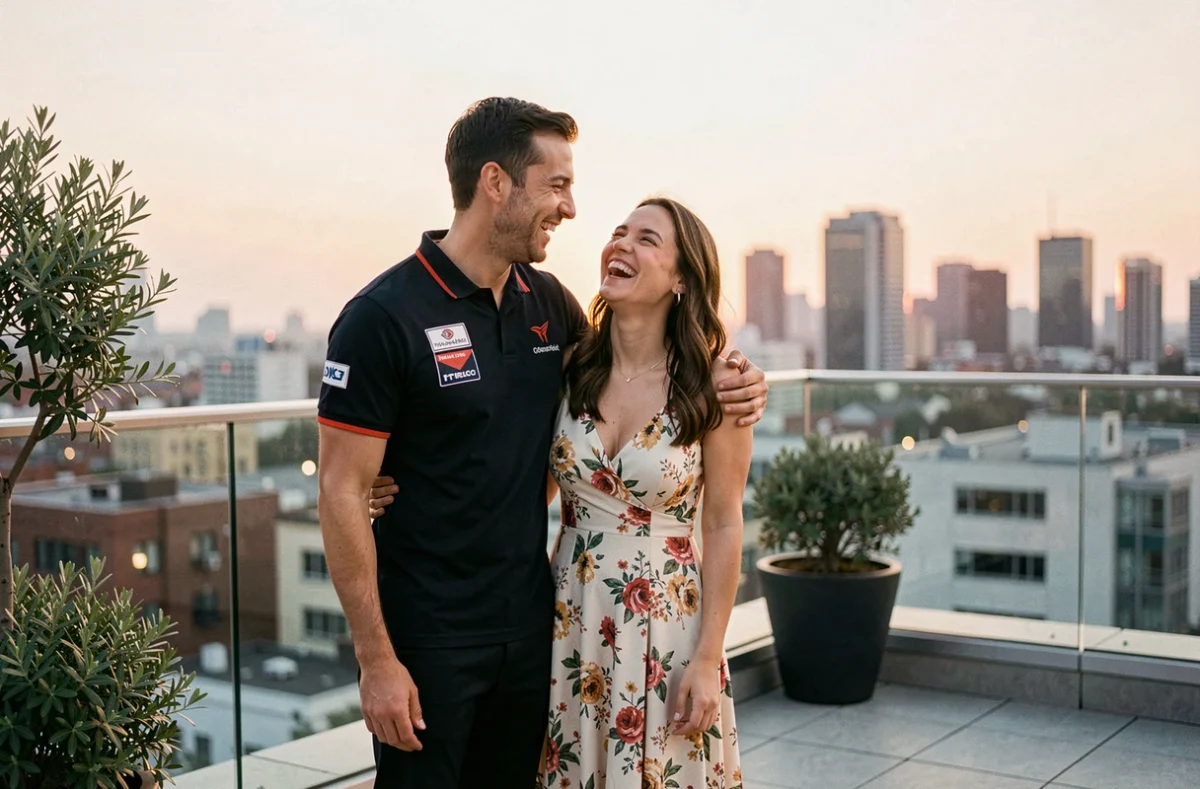 Couple de sportif de F1 et sa compagne riant ensemble sur une terrasse urbaine, équilibre entre vie privée et pression du sport
