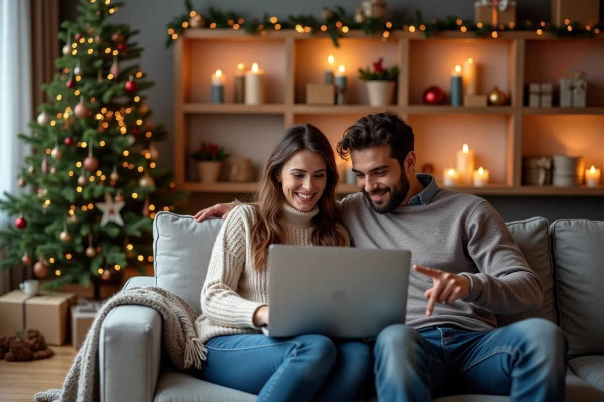 Couple souriant planifiant leur liste de cadeaux de Noël ensemble sur un ordinateur portable dans un salon décoré