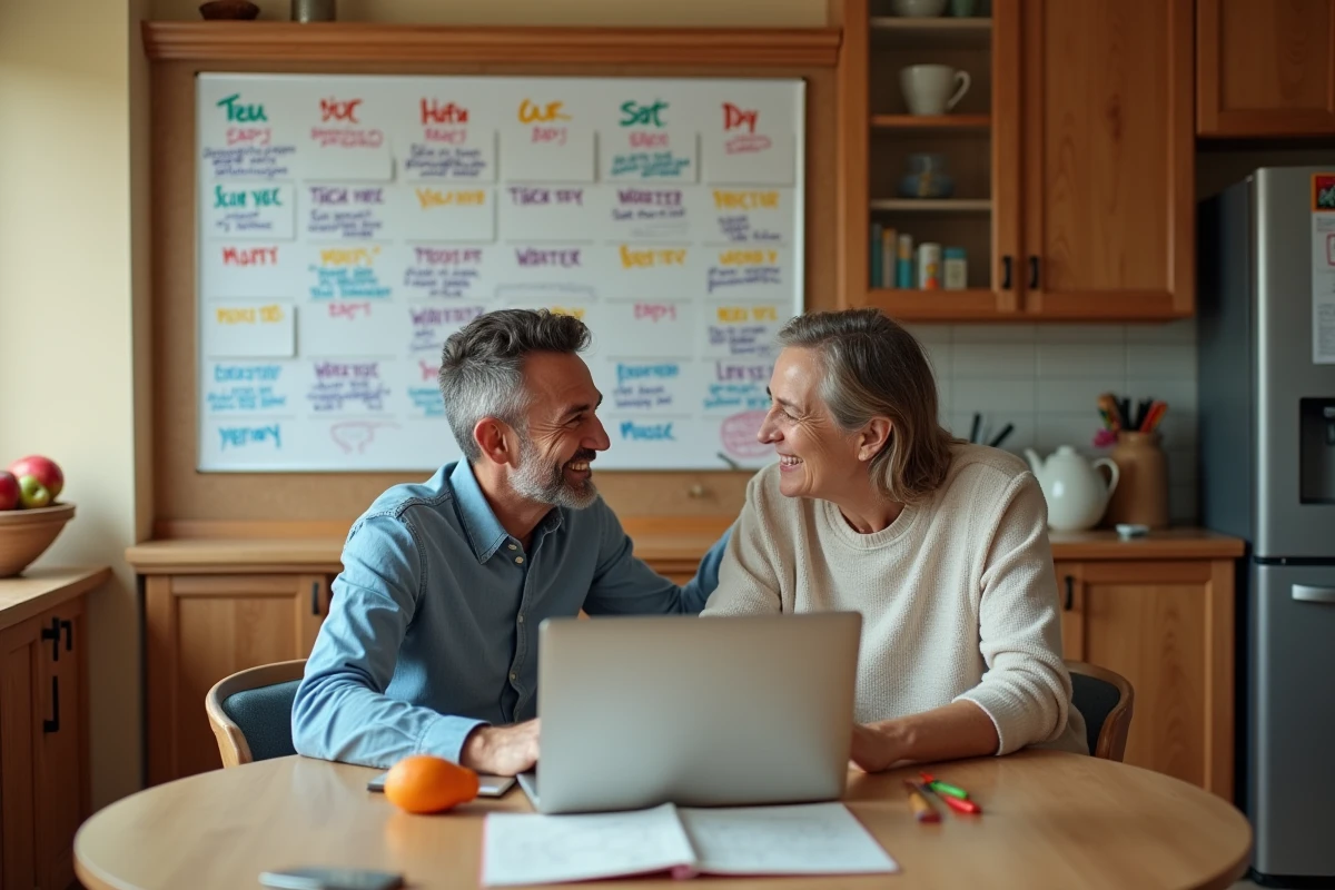 Couple planifiant ensemble leurs vacances scolaires zone B 2026 avec un calendrier mural annoté dans une cuisine familiale