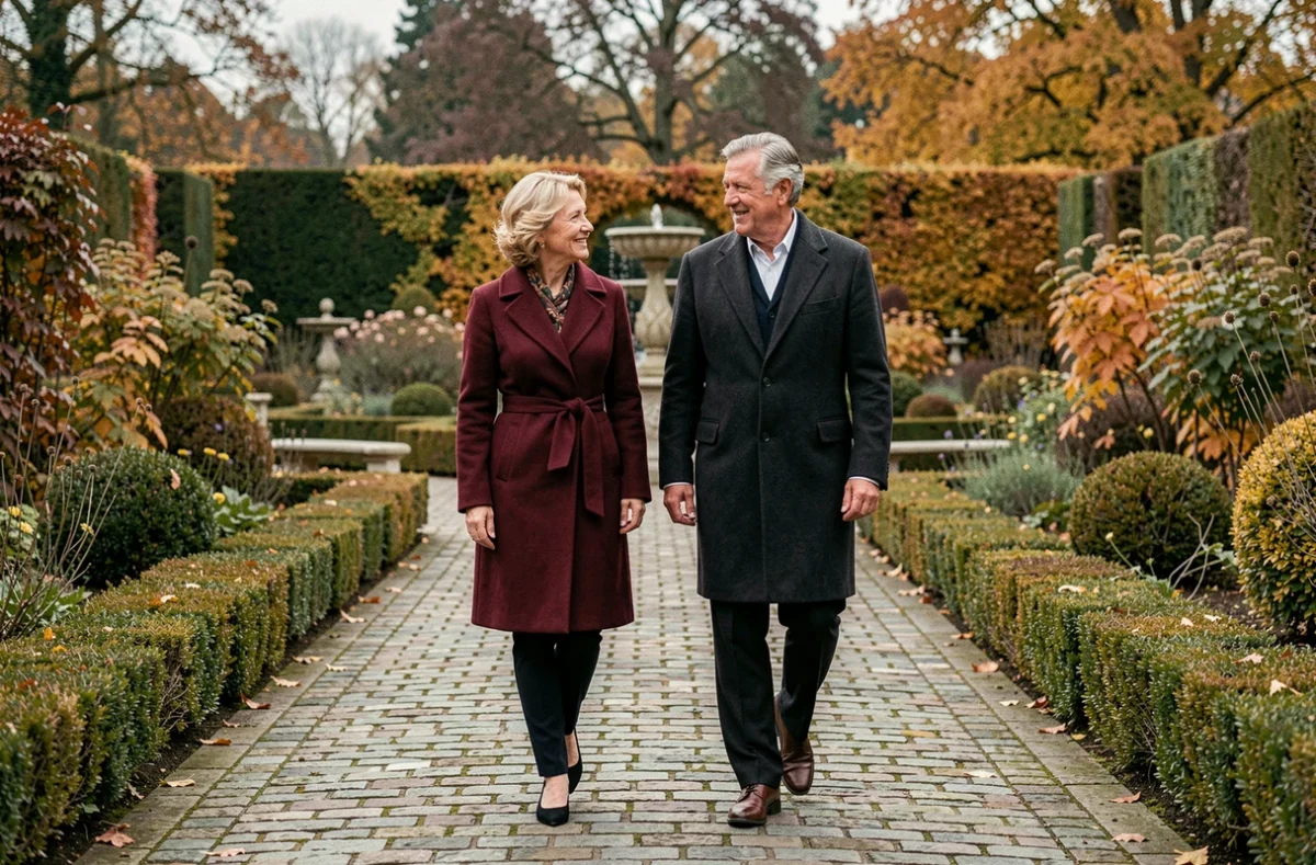 Couple se promenant dans un jardin à la française en automne, illustration de la vie privée et personnelle d'un couple de personnalités publiques européennes